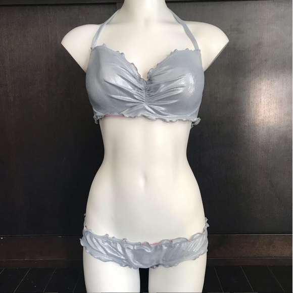 SunDazed 34 DD Bra cup solid silver metallic underwire top set shirred ruffled - Picture 2 of 13